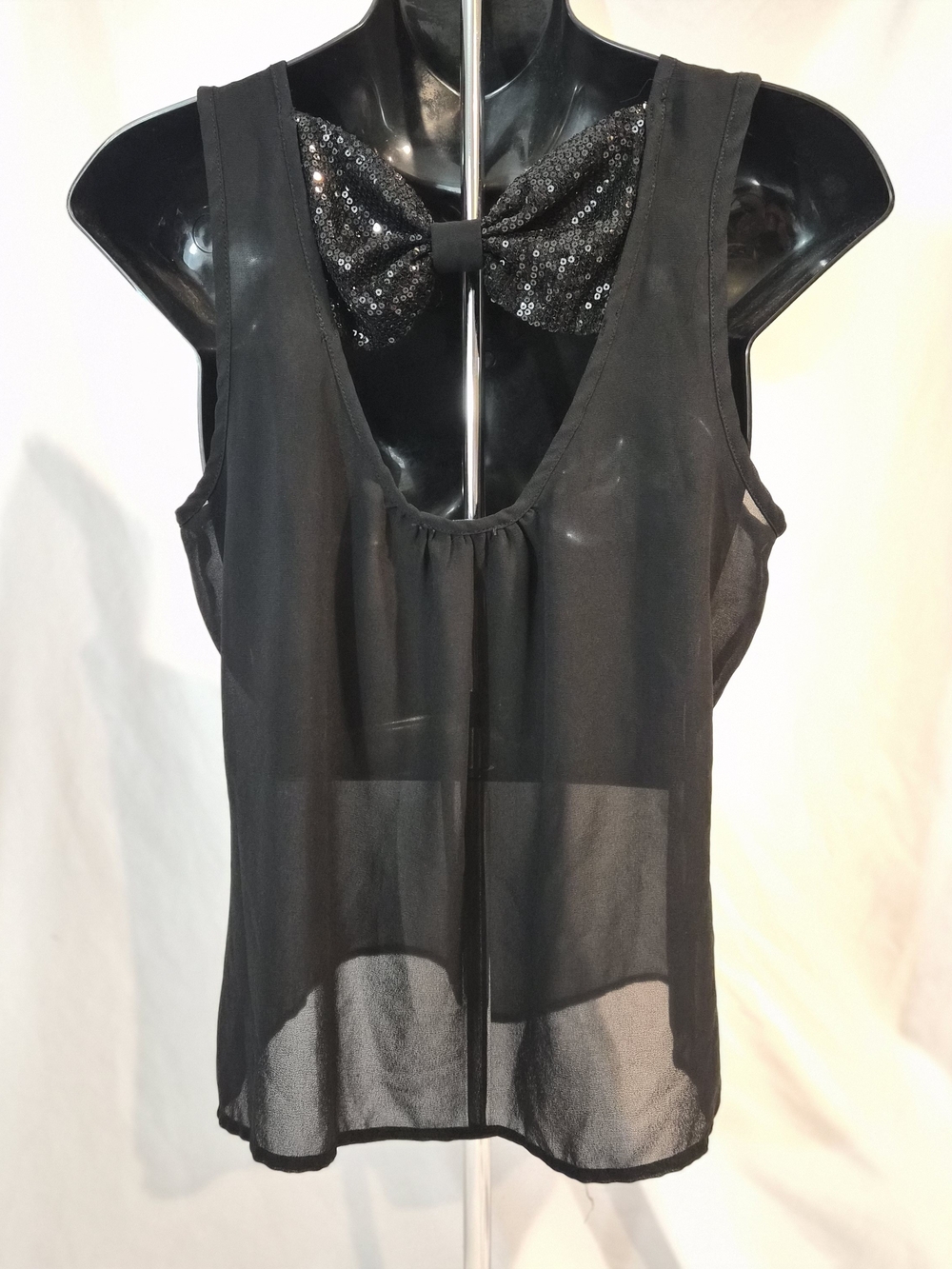 Wet Seal Black Sheer Sleeveless Tank Top with Sequin Bow Accent